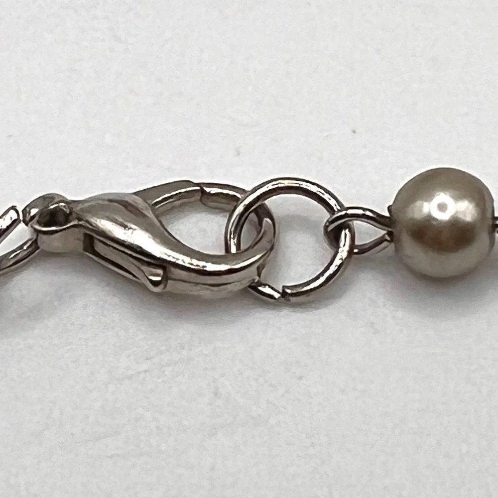 Glamorous‎ Long Champagne Crystal & Faux Pearl Station Necklace Silver Tone 40